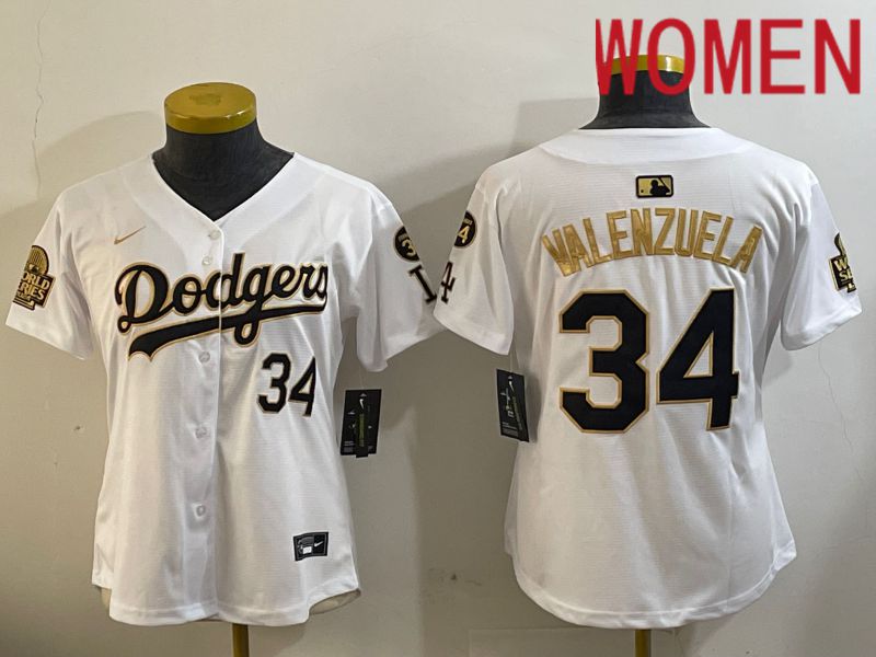 Women Los Angeles Dodgers #34 Valenzuela 2024 World series patch white jersey 202411201